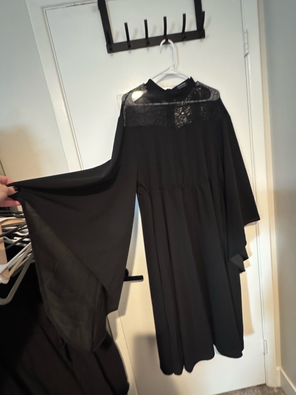 BloomChic Black Long Sleeve Witchy Bell Sleeve Black Mesh Spiderweb Dress Plus